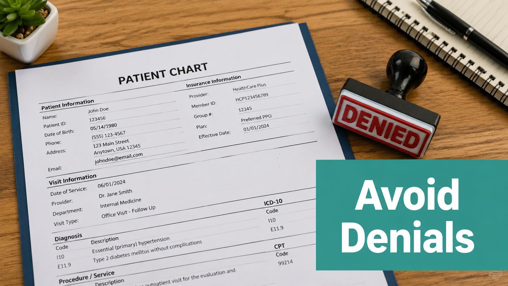 A denied medical claim document on a wooden desk next to a pen and a plant.