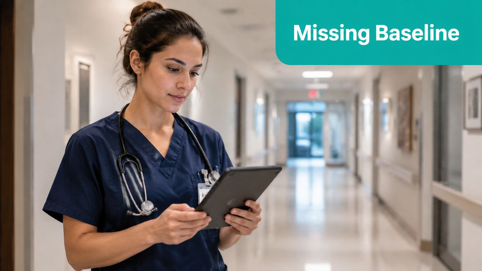 A female healthcare professional in blue scrubs holding a digital tablet in a bright hospital corridor.