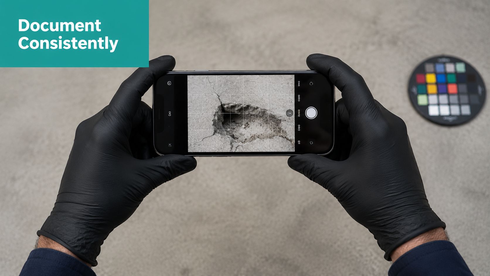 A person wearing black gloves holds a smartphone to photograph a ground crack for documentation.